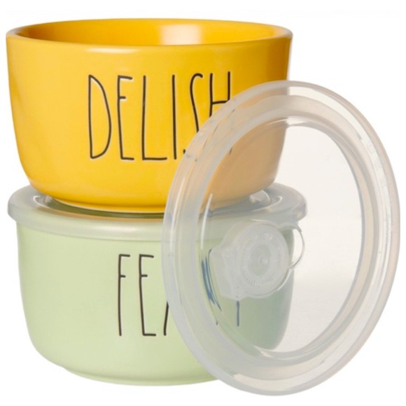 NEW Rae Dunn Pastel Yellow Feast and Pastel Green Delish Food Storage Containers - Picture 2 of 2